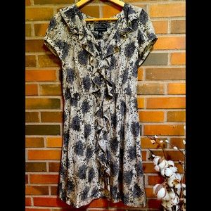 INC Silk dress black/taupe/cream w/ crystal button